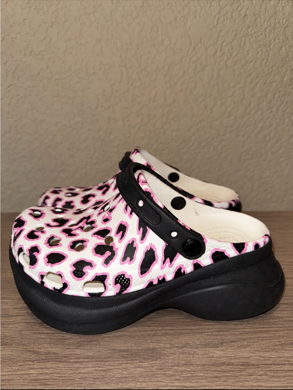 CROCS Pink Leopard Platform Clog with Black Strap